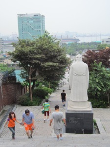 A statue of Confucius, the ancient Chinese sage, looks out to sea in Incheon's Chinatown